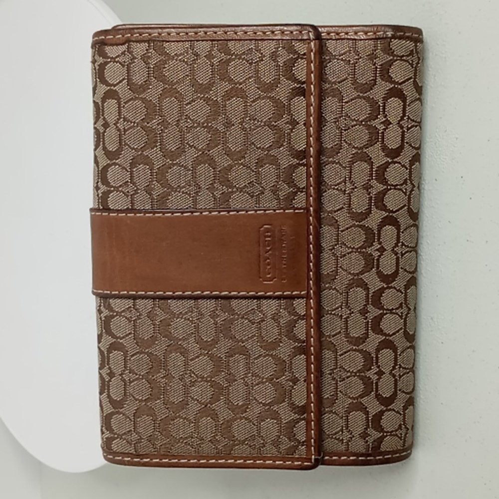 Coach Signature Jacquard & Leather Tri Fold Wallet Tan w/Red Interior